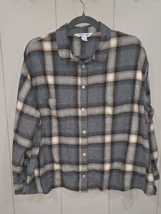 Old Navy Tops - Old Navy Gray Plaid Button-Down Shirt with Cream and Tan Stripes